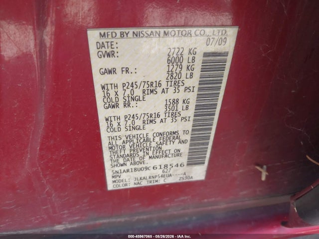 Aukcja sprzedaży 2009 Nissan Pathfinder S, vin: 5N1AR18U09C618546, numer aukcji: 45967065