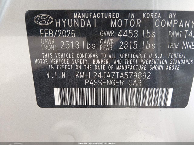Продажа на аукционе авто 2026 Hyundai Sonata Se, vin: KMHL24JA7TA579892, номер лота: 45967069