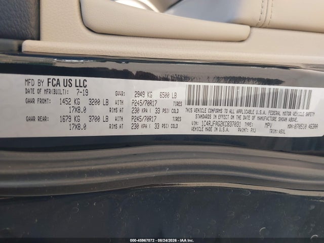 Aukcja sprzedaży 2019 Jeep Grand Cherokee Laredo E 4x4, vin: 1C4RJFAG2KC837031, numer aukcji: 45967072