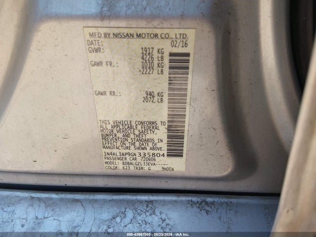 1N4AL3AP9GN335804 Nissan Altima 2.5/2.5 S/2.5 Sl/2.5 Sr/2.5 Sv