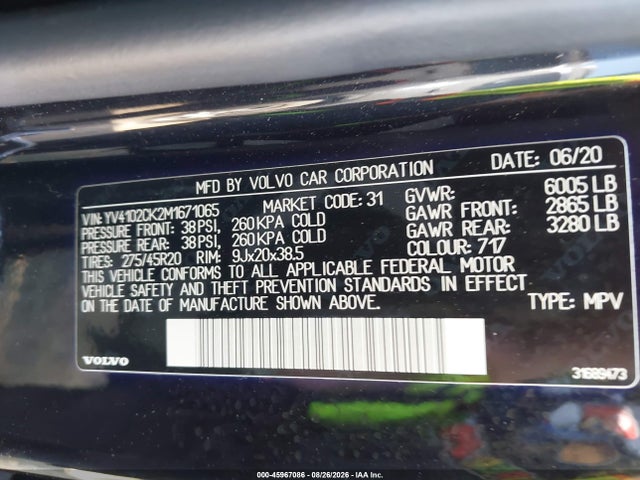 45967086 :رقم المزاد ، YV4102CK2M1671065 vin ، 2021 Volvo Xc90 T5 Momentum 7 Passenger مزاد بيع