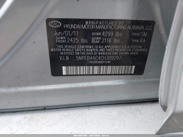 Aukcja sprzedaży 2012 Hyundai Sonata Gls, vin: 5NPEB4AC4CH309297, numer aukcji: 45967089