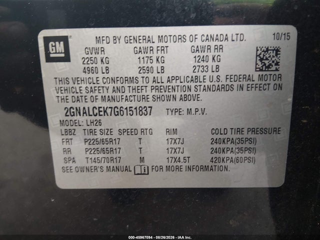 Продажа на аукционе авто 2016 Chevrolet Equinox Lt, vin: 2GNALCEK7G6151837, номер лота: 45967094