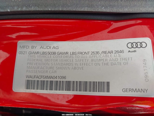 45967098 :رقم المزاد ، WAUFACF5XMA041096 vin ، 2021 Audi A5 Sportback Premium Plus 45 Tfsi Quattro S Tronic مزاد بيع