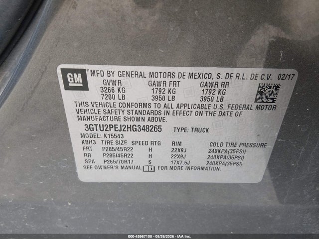 45967108 :رقم المزاد ، 3GTU2PEJ2HG348265 vin ، 2017 Gmc Sierra 1500 Denali مزاد بيع