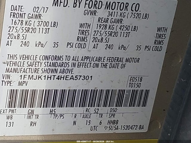 Продажа на аукционе авто 2017 Ford Expedition El King Ranch, vin: 1FMJK1HT4HEA57301, номер лота: 45967117