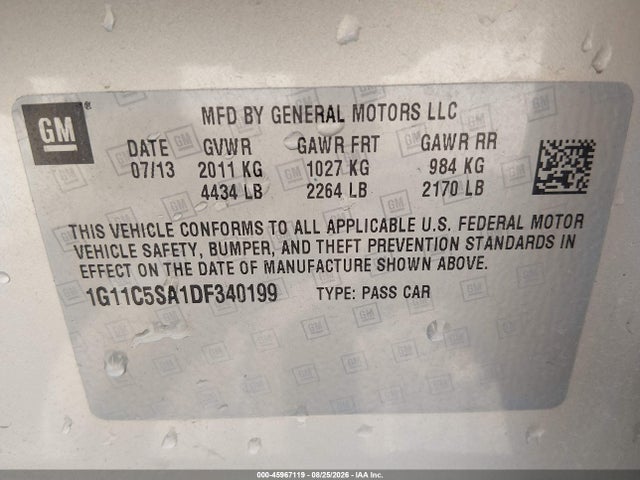 Aukcja sprzedaży 2013 Chevrolet Malibu 1lt, vin: 1G11C5SA1DF340199, numer aukcji: 45967119