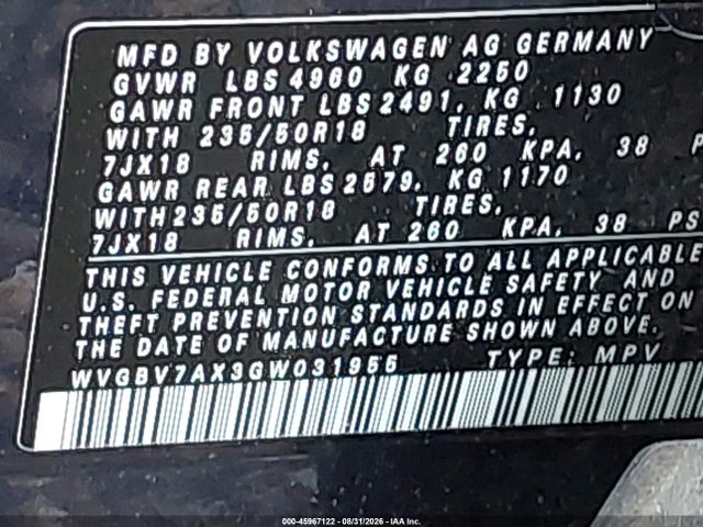 Продаж на аукціоні авто 2016 Volkswagen Tiguan Se, vin: WVGBV7AX3GW031955, номер лоту: 45967122
