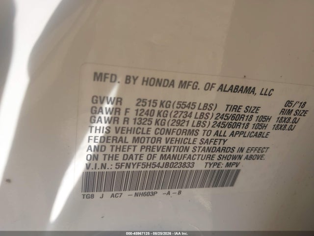 45967125 :رقم المزاد ، 5FNYF5H54JB023833 vin ، 2018 Honda Pilot Ex-l مزاد بيع