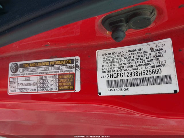 Aukcja sprzedaży 2008 Honda Civic Ex, vin: 2HGFG12838H525660, numer aukcji: 45967136