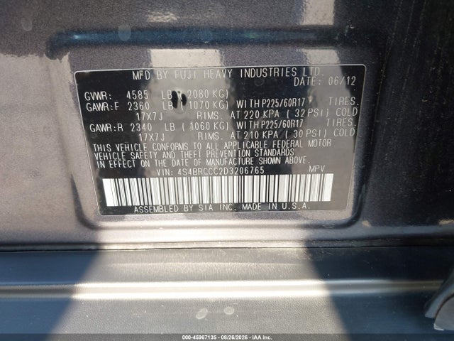 Aukcja sprzedaży 2013 Subaru Outback 2.5i Premium, vin: 4S4BRCCC2D3206765, numer aukcji: 45967135