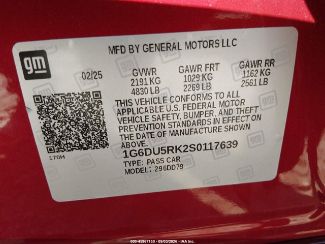 45967150 :رقم المزاد ، 1G6DU5RK2S0117639 vin ، 2025 Cadillac Ct5 Sport Rwd مزاد بيع