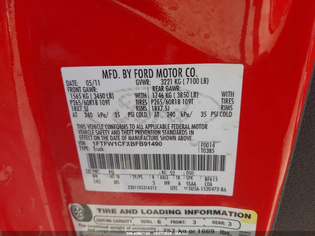 Продажа на аукционе авто 2011 Ford F-150 Xlt, vin: 1FTFW1CFXBFB91490, номер лота: 45967168