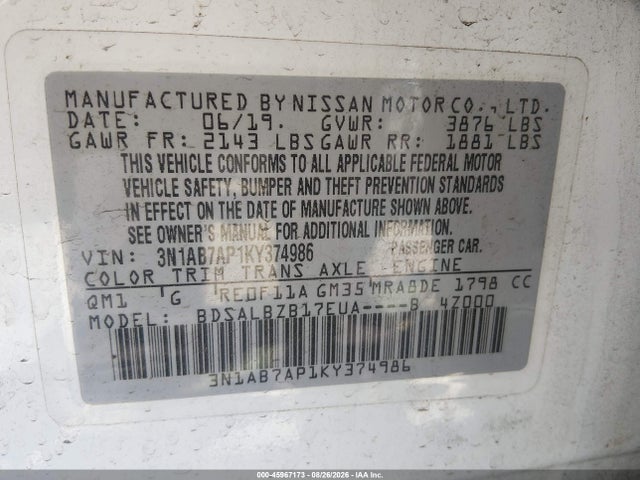 Nissan SENTRA S 2019 3N1AB7AP1KY374986 Image 9
