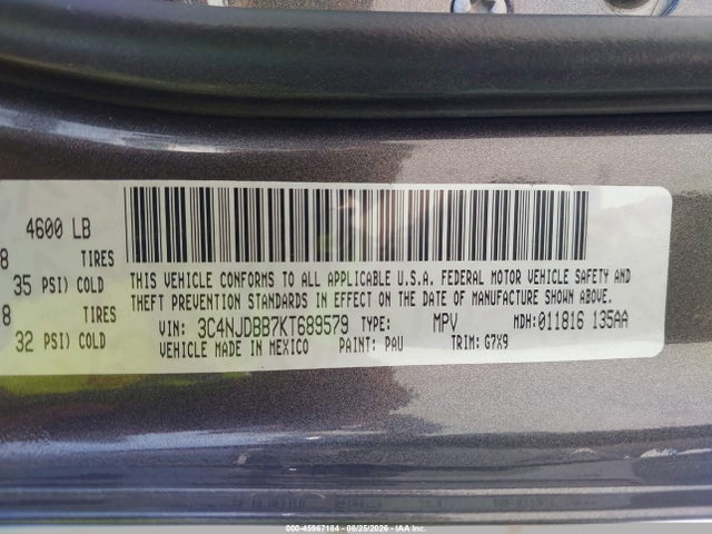 Продаж на аукціоні авто 2019 Jeep Compass Altitude 4x4, vin: 3C4NJDBB7KT689579, номер лоту: 45967184