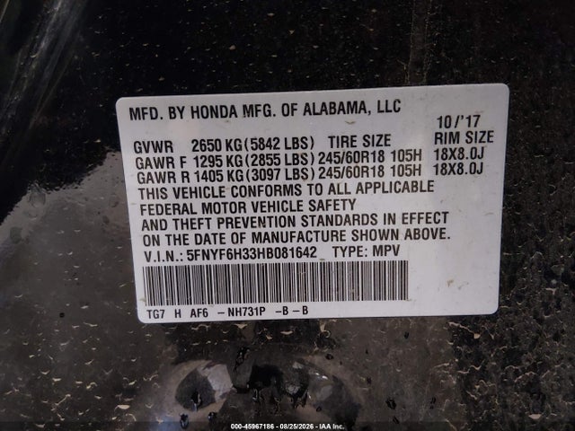 45967186 :رقم المزاد ، 5FNYF6H33HB081642 vin ، 2017 Honda Pilot Ex مزاد بيع
