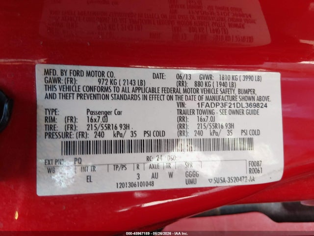 45967189 :رقم المزاد ، 1FADP3F21DL369824 vin ، 2013 Ford Focus Se مزاد بيع