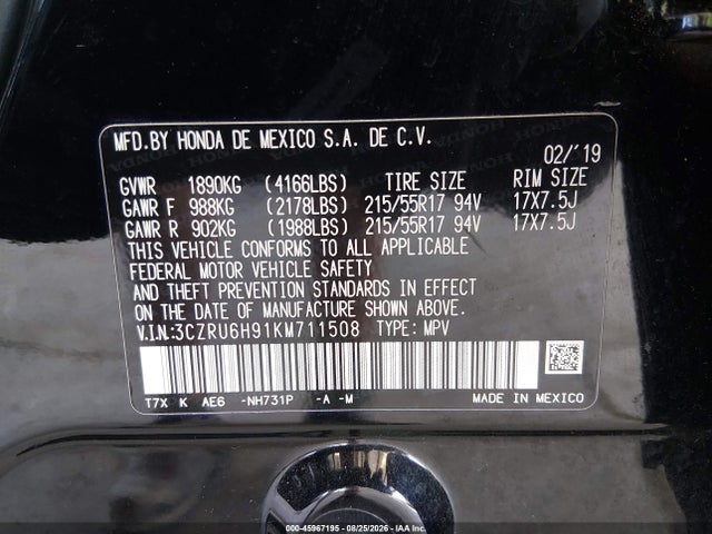 Продаж на аукціоні авто 2019 Honda Hr-v Touring, vin: 3CZRU6H91KM711508, номер лоту: 45967195