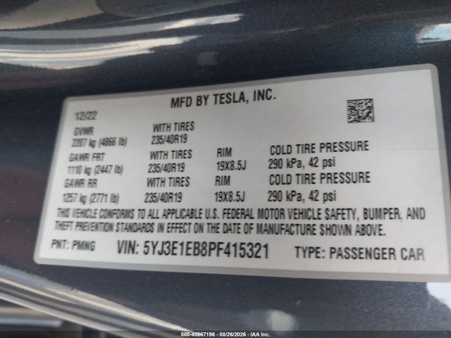 2023 Tesla Model 3 Long Range Dual Motor All-wheel Drive მანქანა იყიდება აუქციონზე, vin: 5YJ3E1EB8PF415321, აუქციონის ნომერი: 45967196