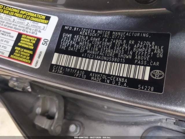 Aukcja sprzedaży 2022 Toyota Camry Le Hybrid, vin: 4T1C31AK0NU598015, numer aukcji: 45967203
