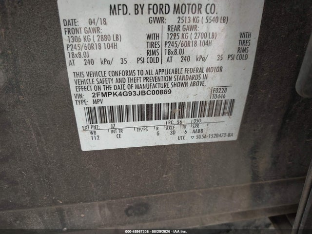 45967206 :رقم المزاد ، 2FMPK4G93JBC00869 vin ، 2018 Ford Edge Se مزاد بيع