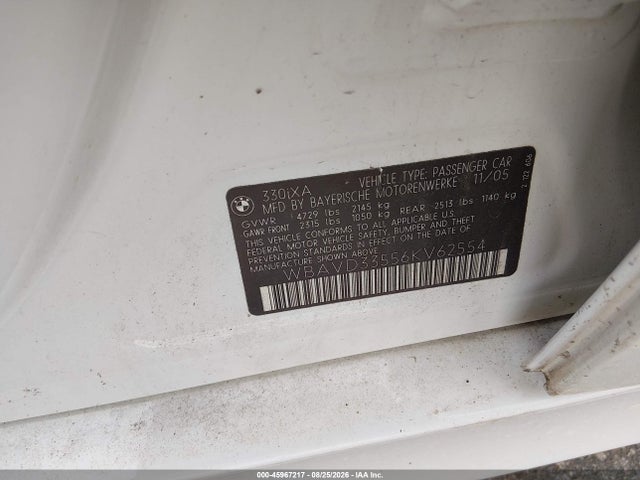 Aukcja sprzedaży 2006 Bmw 330xi, vin: WBAVD33556KV62554, numer aukcji: 45967217