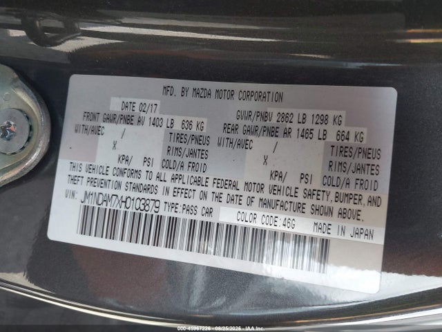 45967226 :رقم المزاد ، JM1NDAM7XH0103879 vin ، 2017 Mazda Mx-5 Miata Rf Grand Touring مزاد بيع