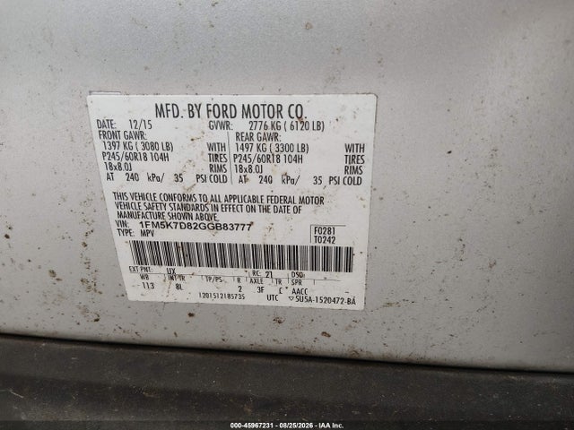 Продажа на аукционе авто 2016 Ford Explorer Xlt, vin: 1FM5K7D82GGB83777, номер лота: 45967231