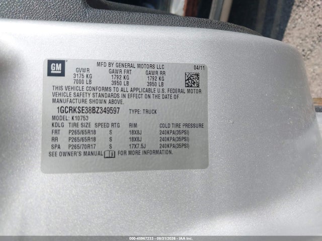 Aukcja sprzedaży 2011 Chevrolet Silverado 1500 Lt, vin: 1GCRKSE38BZ349597, numer aukcji: 45967233