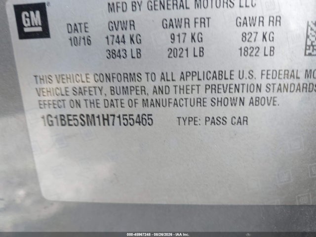 2017 Chevrolet Cruze Lt Auto მანქანა იყიდება აუქციონზე, vin: 1G1BE5SM1H7155465, აუქციონის ნომერი: 45967248