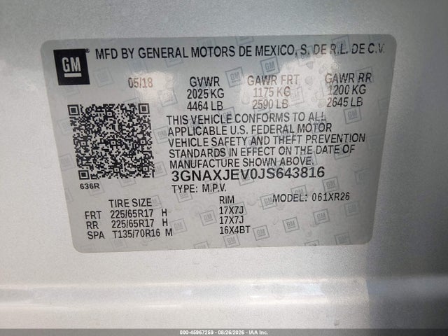 Aukcja sprzedaży 2018 Chevrolet Equinox Lt, vin: 3GNAXJEV0JS643816, numer aukcji: 45967259