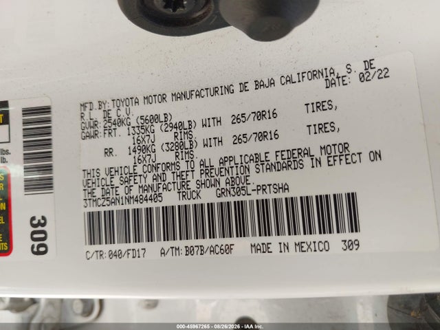 45967265 :رقم المزاد ، 3TMCZ5AN1NM484405 vin ، 2022 Toyota Tacoma Trd Off Road مزاد بيع
