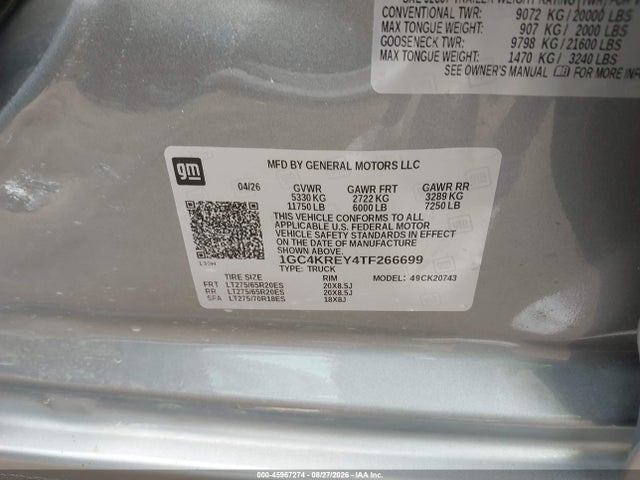 Продажа на аукционе авто 2026 Chevrolet Silverado 2500 Hd , Standard Bed, High Country, 4wd, vin: 1GC4KREY4TF266699, номер лота: 45967274