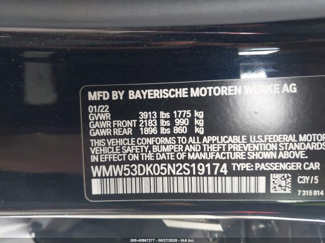 Aukcja sprzedaży 2022 Mini Cooper S, vin: WMW53DK05N2S19174, numer aukcji: 45967277