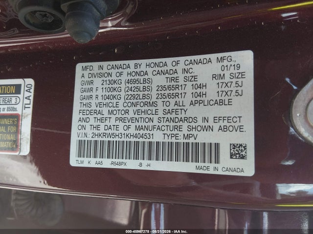 45967278 :رقم المزاد ، 2HKRW5H31KH404531 vin ، 2019 Honda Cr-v Lx مزاد بيع