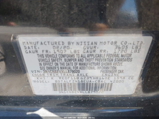 45967280 :رقم المزاد ، 3N1CN8EVXLL879020 vin ، 2020 Nissan Versa Sv Xtronic Cvt مزاد بيع