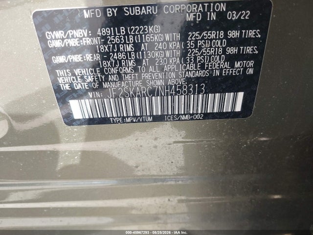 Продаж на аукціоні авто 2022 Subaru Forester Touring, vin: JF2SKARC7NH458313, номер лоту: 45967293