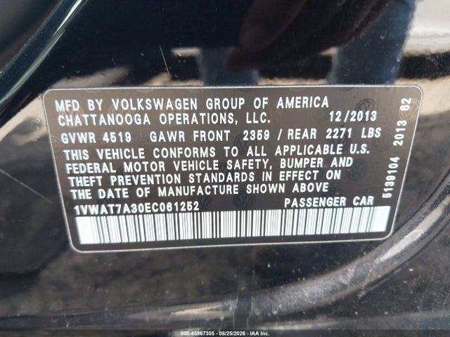 45967305 :رقم المزاد ، 1VWAT7A30EC061252 vin ، 2014 Volkswagen Passat 1.8t Wolfsburg Edition مزاد بيع