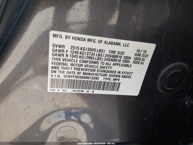 45967306 :رقم المزاد ، 5FNYF5H55KB013393 vin ، 2019 Honda Pilot Ex-l مزاد بيع