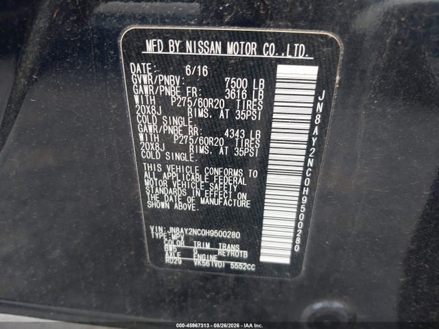 2017 Nissan Armada Platinum/sl/sv მანქანა იყიდება აუქციონზე, vin: JN8AY2NC0H9500280, აუქციონის ნომერი: 45967313