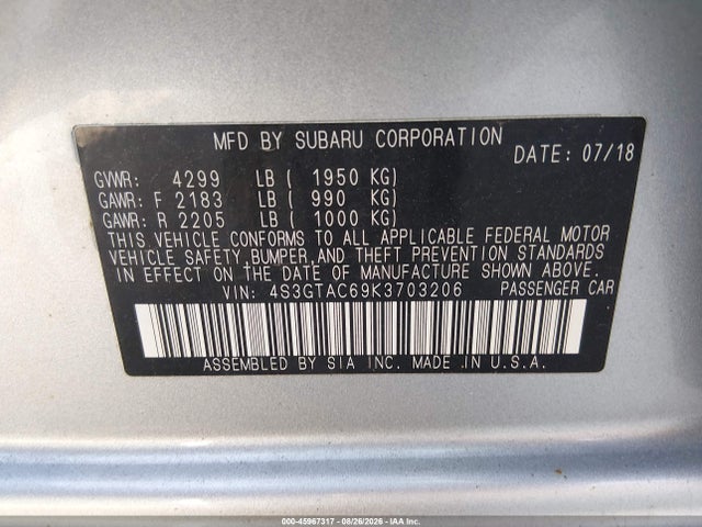 Продажа на аукционе авто 2019 Subaru Impreza 2.0i Premium, vin: 4S3GTAC69K3703206, номер лота: 45967317