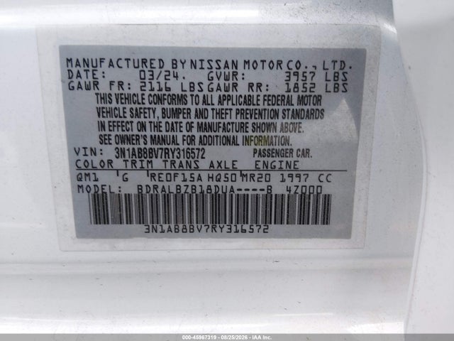 2024 Nissan Sentra S Xtronic Cvt მანქანა იყიდება აუქციონზე, vin: 3N1AB8BV7RY316572, აუქციონის ნომერი: 45967319