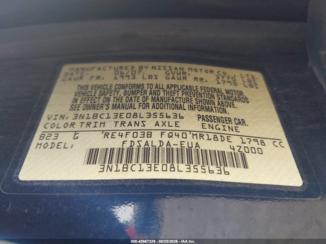 Aukcja sprzedaży 2008 Nissan Versa 1.8s, vin: 3N1BC13E08L355636, numer aukcji: 45967329