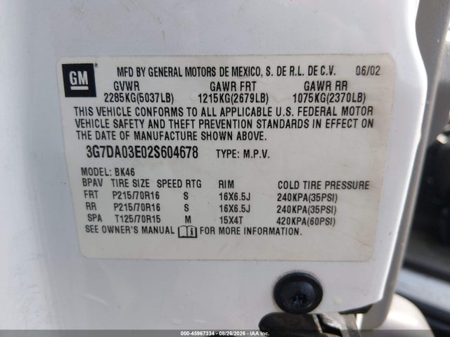 Aukcja sprzedaży 2002 Pontiac Aztek, vin: 3G7DA03E02S604678, numer aukcji: 45967334