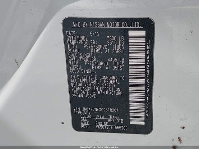 Aukcja sprzedaży 2012 Infiniti Qx56, vin: JN8AZ2NFXC9518267, numer aukcji: 45967339