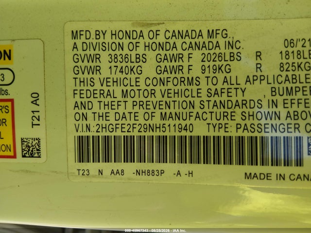 2022 Honda Civic Lx მანქანა იყიდება აუქციონზე, vin: 2HGFE2F29NH511940, აუქციონის ნომერი: 45967343