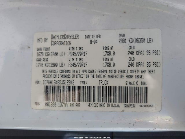 Aukcja sprzedaży 2005 Dodge Ram 1500 St, vin: 1D7HA16K85J512949, numer aukcji: 45967344