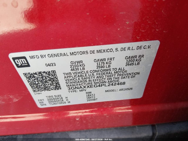 Продажа на аукционе авто 2023 Chevrolet Equinox Awd Premier, vin: 3GNAXXEG4PL242468, номер лота: 45967345