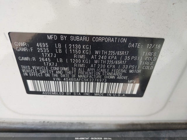 Subaru Outback 2.5i Premium 2019 4S4BSAFC5K3276973 Image 9