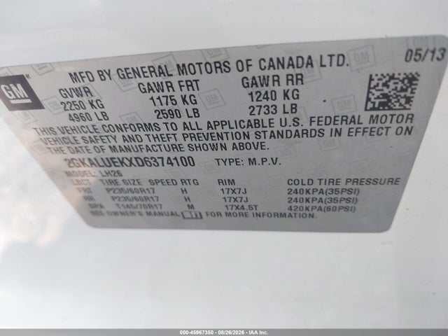 Продаж на аукціоні авто 2013 Gmc Terrain Slt-1, vin: 2GKALUEKXD6374100, номер лоту: 45967350